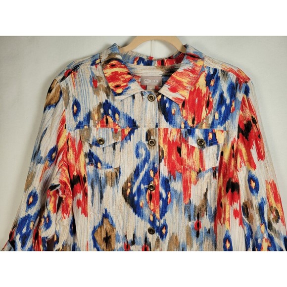 Chico's Sz 3 Linen Blend Jacket Aztec Southwest Button Front 3/4 slv Size 16-18 - Picture 2 of 6